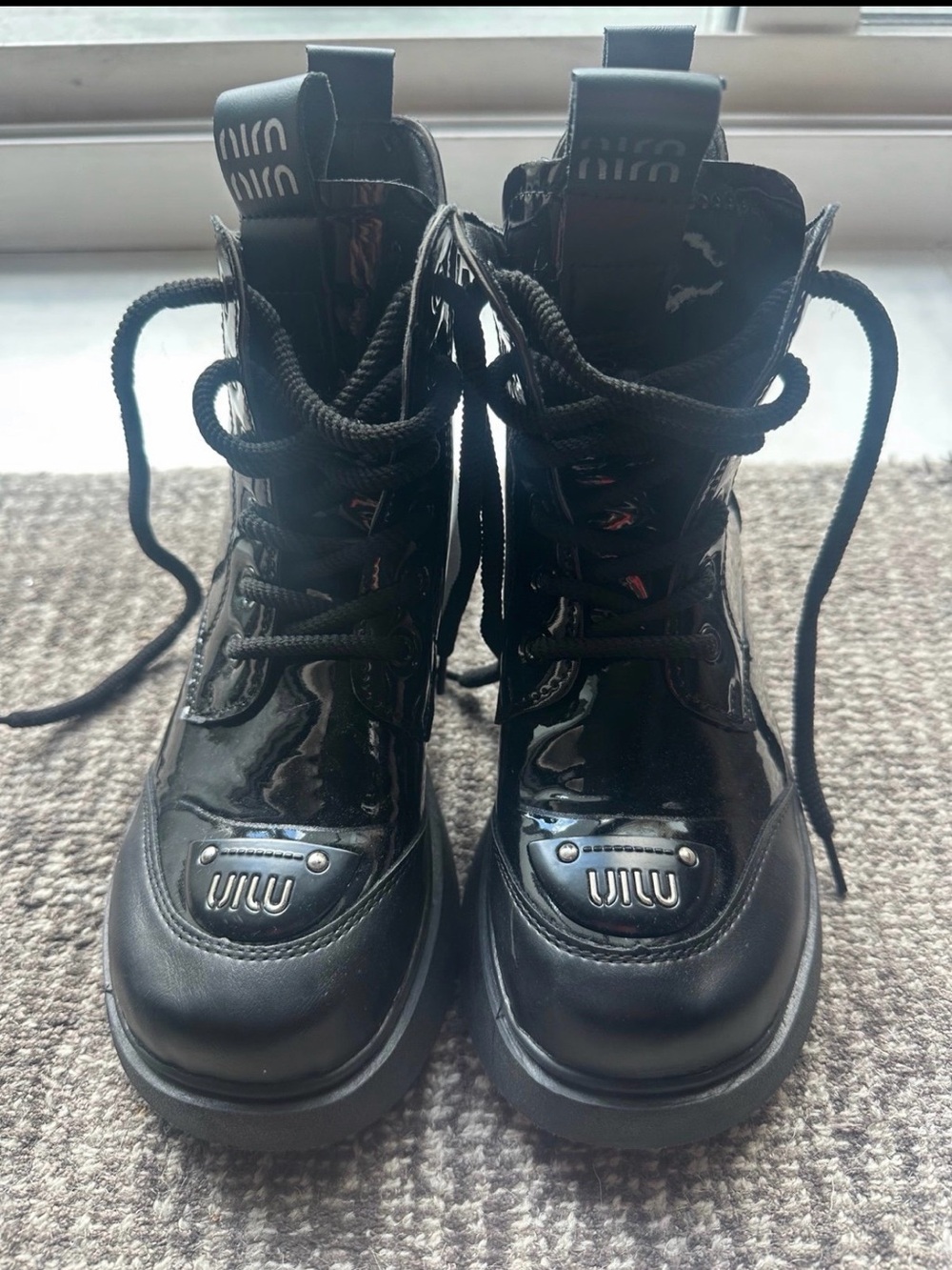 Miu Miu Black Patent Lace-Up Platform Ankle Boots